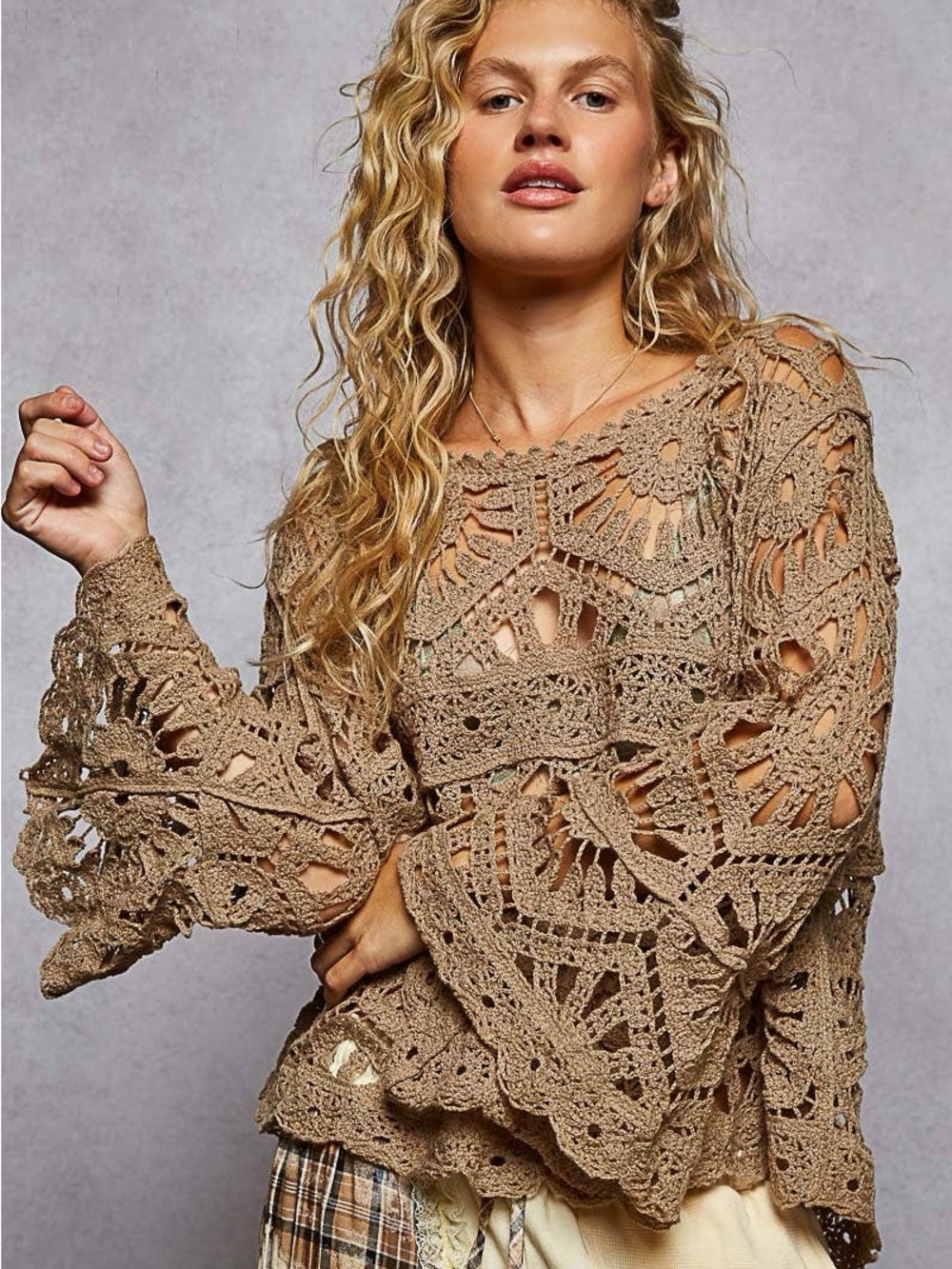 POL Olive Boho Crochet Openwork Sweater BP287POL NWT